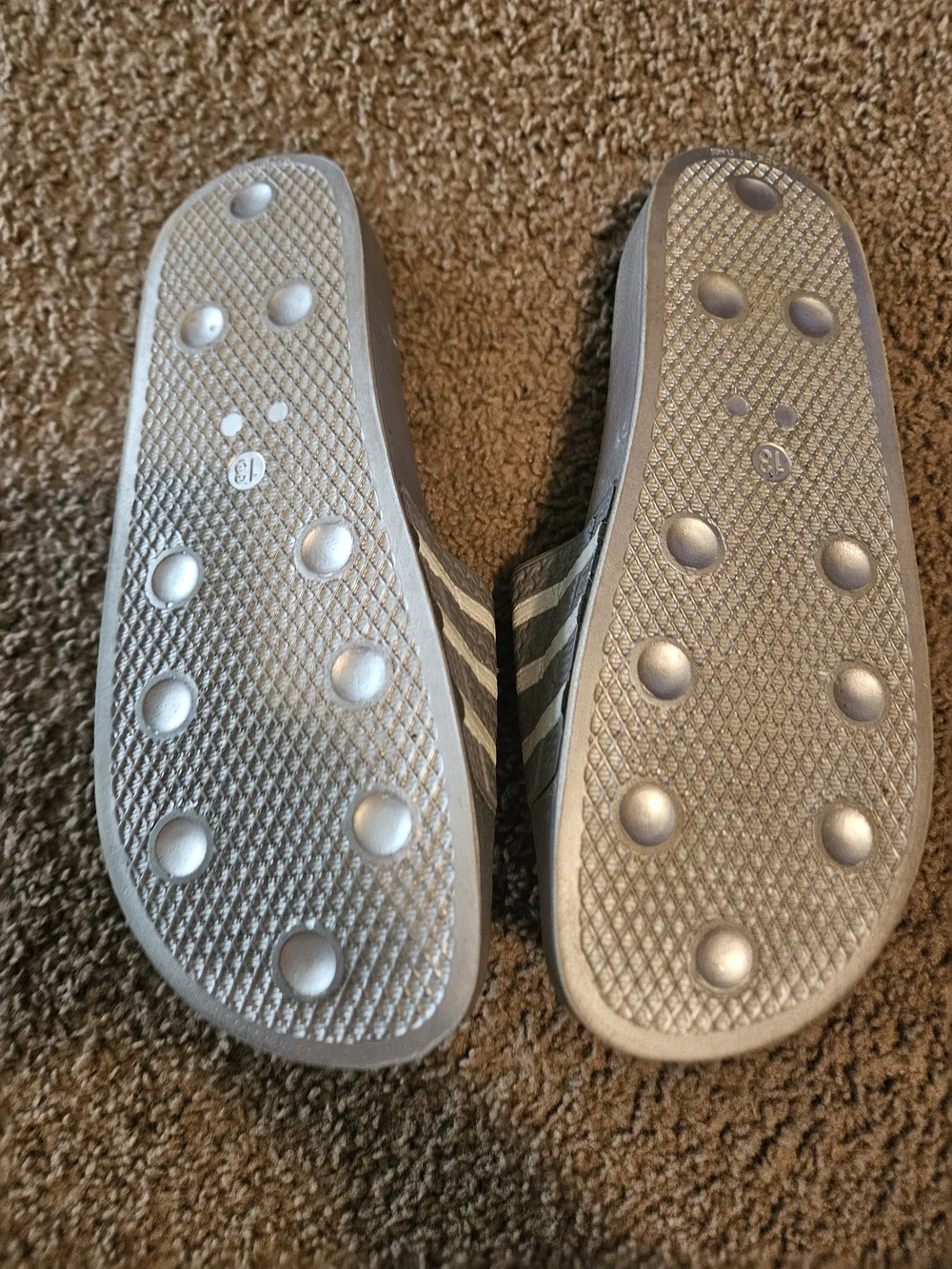 Silver Adidas Slide Sandals with White Stripes